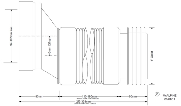 Preview: Technische Zeichnung eines flexiblen WC-Anschlusses mit Maßangaben, 40 mm Versatz, WC-Anschluss Ø 90 mm sowie DN-100-Rohranschluss für Abwasserleitungen mit Innendurchmesser 110 mm